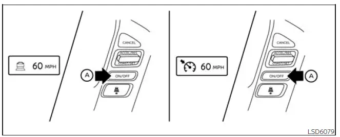 Nissan Frontier ICC cruise control mode selection display for vehicle distance and fixed speed modes