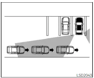 Nissan Frontier RCTA limitation illustration showing several vehicles approaching in a row