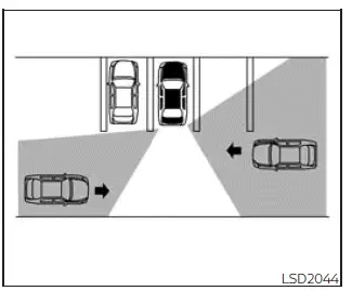Nissan Frontier RCTA limitation illustration showing vehicles approaching from opposite directions