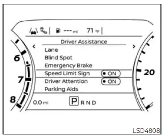 Nissan Frontier settings menu for Traffic Sign Recognition