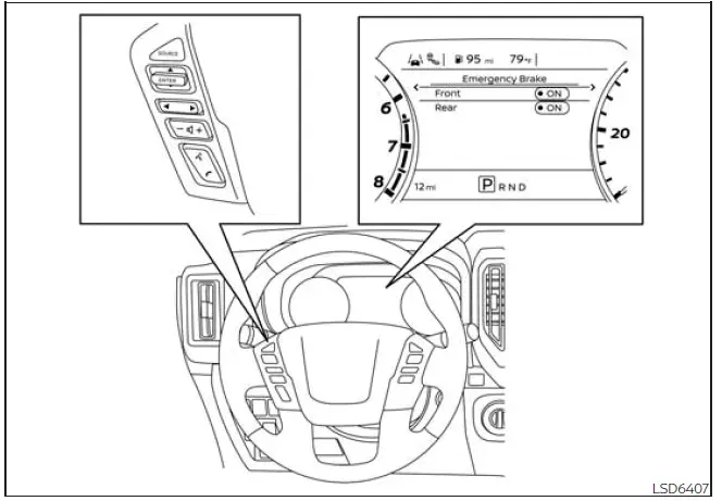 Nissan Frontier menu for turning the I-FCW system on or off
